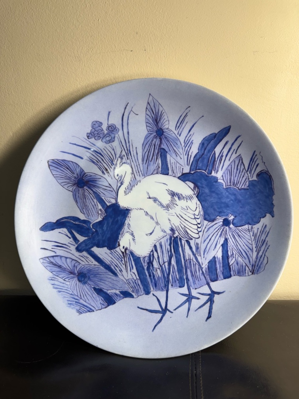 Hand Painted Blue & White Heron / Crane Bird Decorative Wall Plate - Home Art - Picture 1 of 12